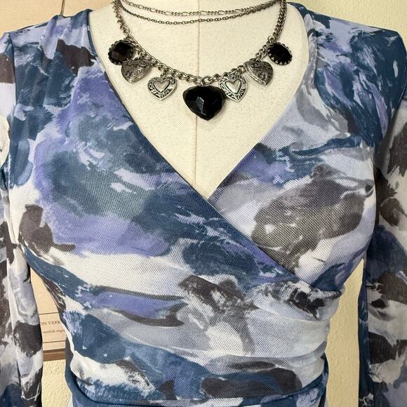 Y2k Cache Blue Floral Mesh Ruched Faux Wrap Stretch Top Romantic Fairy Bimbo S M - Picture 3 of 7